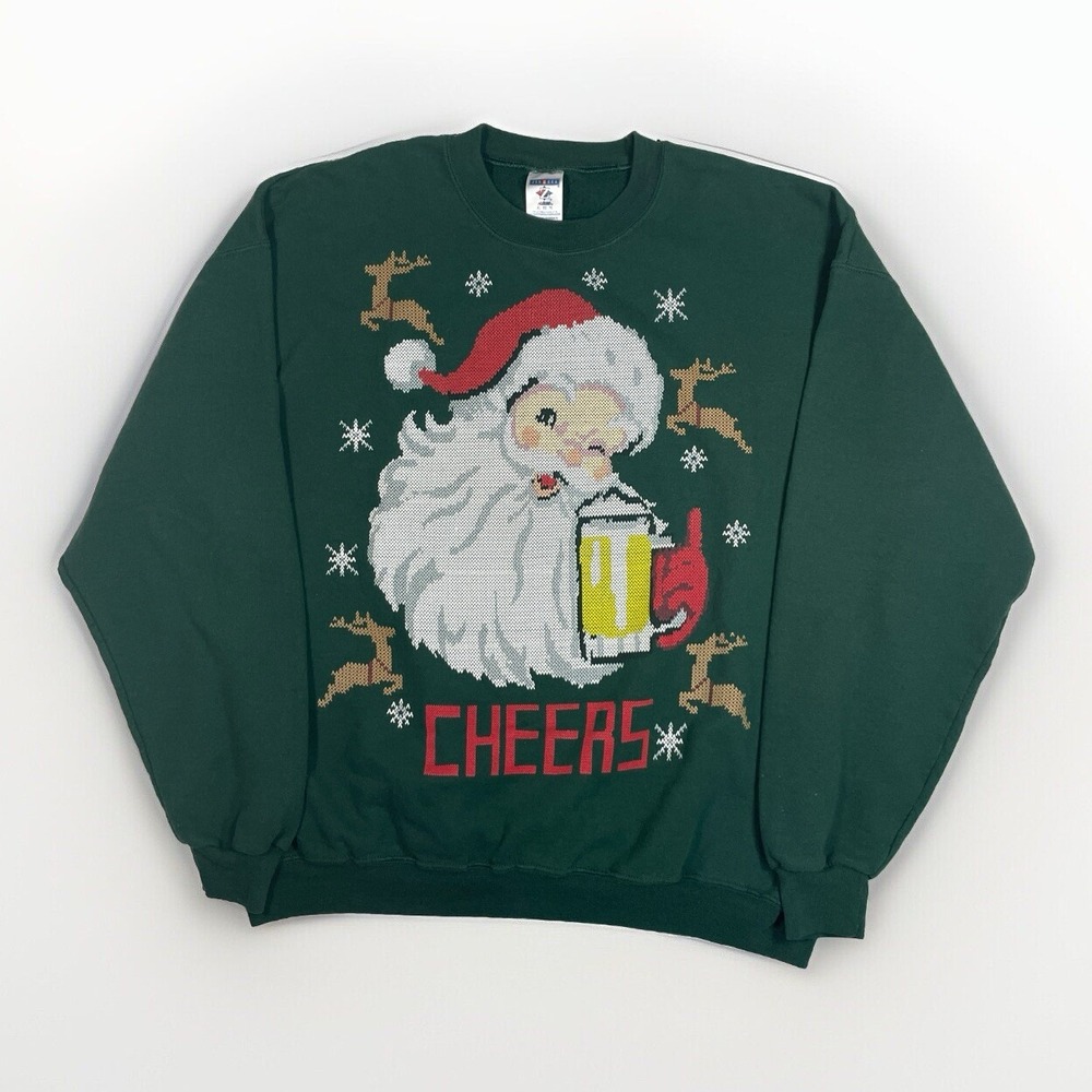 Jerzees Christmas Holiday Sweatshirt  Cheers Santa Beer Ugly Sweater Green XL